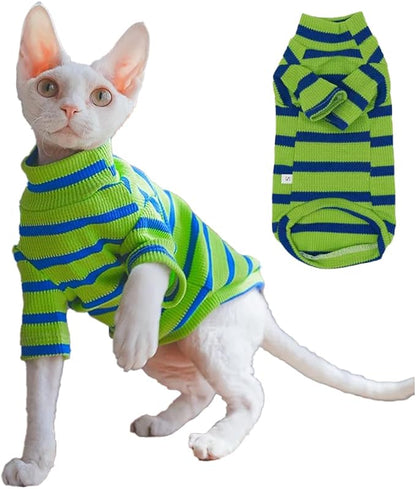 Snixfever Striped Waffle Knit Shirt for Sphynx Cat, 2-Leg Long Sleeve Lightweight Outfit for Hairless Cats, Soft All-Season Pet Clothes (Green, Small (2.5-3.5lbs))