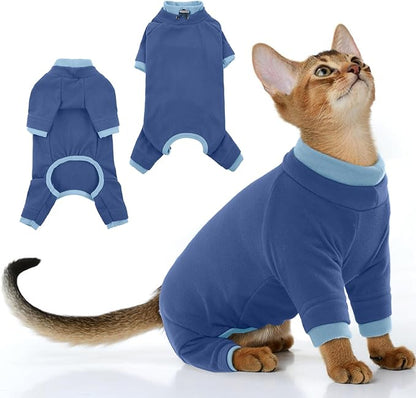 PUMYPOREITY Cat Recovery Suit, Stops Wound Licking After Surgery, Sticky Hair Shirt with Sticky Fabric, Cat Pajamas Prevents Over-Grooming, Blue, XS