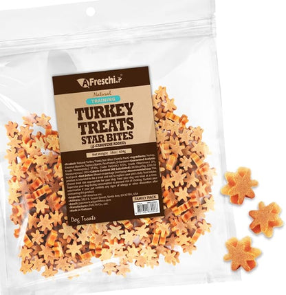 A Freschi srl Natural Turkey Treats, Hexagonal Shape, USA-Sourced Trukey, All-Natural, Hypoallergenic, Low-Fat, Healthy & Easily Digestible, Puppy & Training Snack & Small Dogs, Star Bites 16 oz