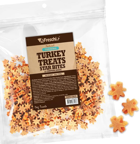 A Freschi srl Natural Turkey Treats, Hexagonal Shape, USA-Sourced Trukey, All-Natural, Hypoallergenic, Low-Fat, Healthy & Easily Digestible, Puppy & Training Snack & Small Dogs, Star Bites 16 oz