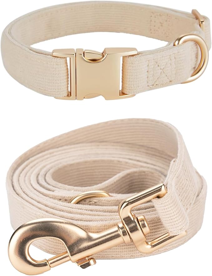 Ewinoom Soft Corduroy Dog Collar and Leash Set Adjustable Durable Wedding Dog Collars with Metal Buckle and Lead for Large Dogs,Beige