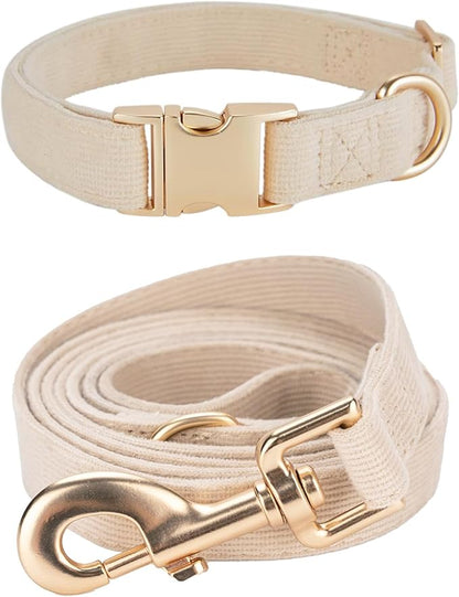 Ewinoom Soft Corduroy Dog Collar and Leash Set Adjustable Durable Wedding Dog Collars with Metal Buckle and Lead for Large Dogs,Beige