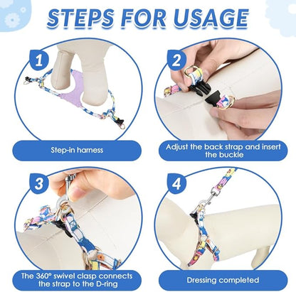 SlowTon No Pull Dog Harness with Leash - Soft Lightweight Floral Pattern Puppy Harness, Adjustable Pet Harness for Small Medium Dogs (Blue Flower XS)