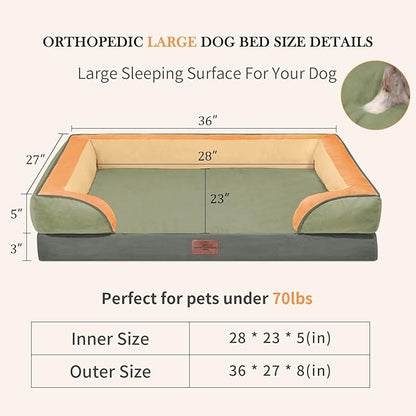 Comfort Expression Orthopedic Dog Bed for Large Dogs 36x27 Inch, Waterproof Egg Crate Foam Large Pet Bed with Removable Bolsters, Dog Couch with Washable Cover & Non-Slip Bottom, Avocado