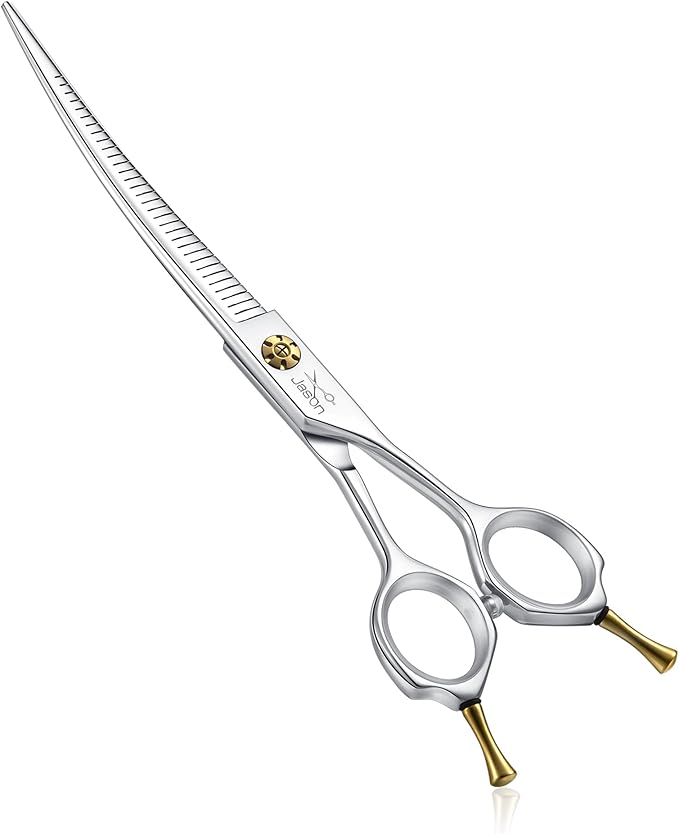JASON 7" Dog Grooming Scissors - Up-curved Thinning Shears with 25%-30% Thinning Rate, Japanese 440C Stainless Steel Dog Blenders for Grooming with Adjustable Screw (32 Teeth, Silver) Christmas Gift