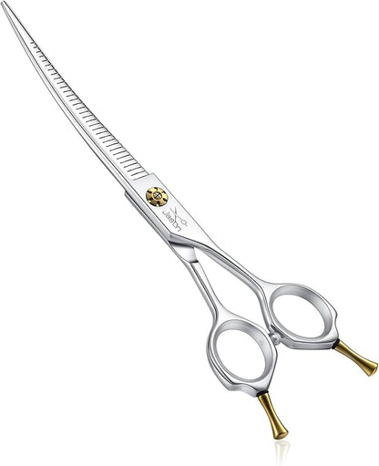 JASON 7" Dog Grooming Scissors - Up-curved Thinning Shears with 25%-30% Thinning Rate, Japanese 440C Stainless Steel Dog Blenders for Grooming with Adjustable Screw (32 Teeth, Silver) Christmas Gift