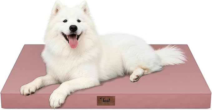 Tail Stories Outdoor Large Washable Dog Bed, Orthopedic Egg Crate Foam Dog Crate Mat for Large Dogs with Removable Oxford Cooling Cover, Pink