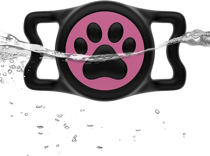WhoseID IP68 Waterpoof Dog Air tag Holder, Stretchy Silicone Full Body Covered Apple Air Tag Holder for Dog Cat Collar Fit All Width Collar (Black & Rose, 1 Pack)