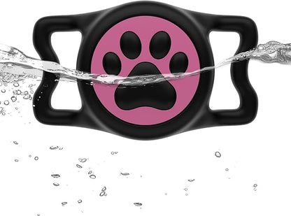 WhoseID IP68 Waterpoof Dog Air tag Holder, Stretchy Silicone Full Body Covered Apple Air Tag Holder for Dog Cat Collar Fit All Width Collar (Black & Rose, 1 Pack)