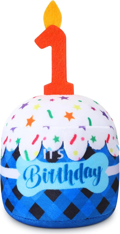 Dog 1st Birthday Cake Toy Accessories for Girl Boy Gifts, Blue Grid Squeaky Plush Toy for Dog Birthday Party Decor Favor for Large, Medium and Small Dogs
