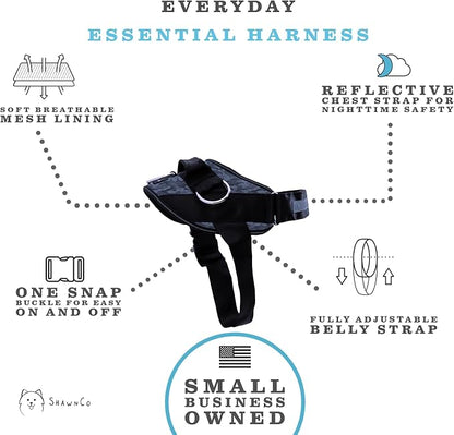 ShawnCo Essential Dog Harness, No-Pull Pet Vest with 3 Leash Clips, No Choke, Reflective, Adjustable and Padded, for Easy Walking and Training for Small, Medium and Large Dogs (Dark Camo, S)