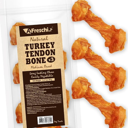 A Freschi srl Turkey Tendon of Dog Bones Shape, USA-Sourced, Limited-Ingredient, Rawhide-Free, Long-Lasting, All-Natural Dog Treats for Medium Dogs, 3 Count Pack (M)