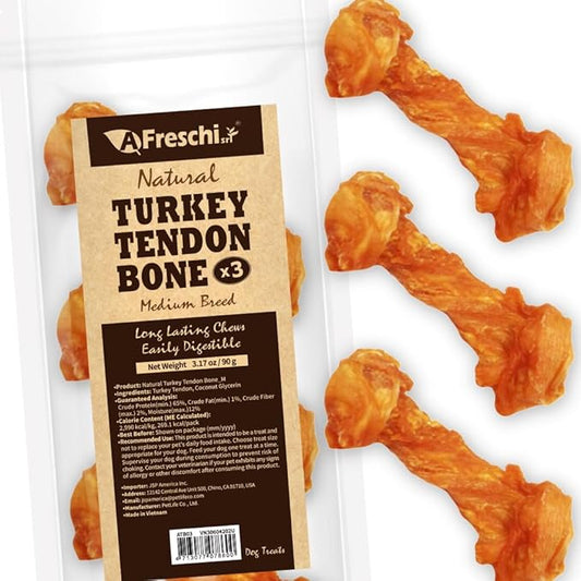 A Freschi srl Turkey Tendon of Dog Bones Shape, USA-Sourced, Limited-Ingredient, Rawhide-Free, Long-Lasting, All-Natural Dog Treats for Medium Dogs, 3 Count Pack (M)