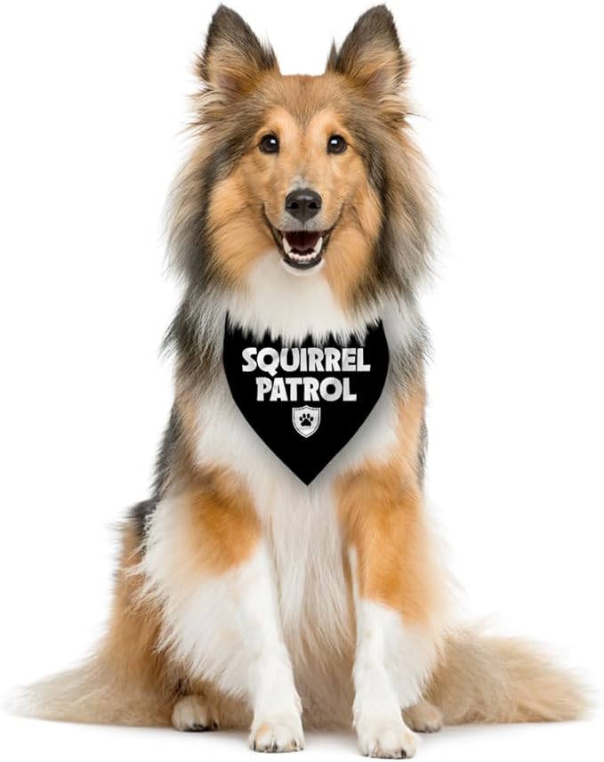 Squirrel Patrol Dog Bandana, Black Dog Bandana, Funny Cute Dog Bandana, Pet Dog Triangle Scarf, Dog Bandana for Small Medium Large Dogs, Gift for Dog Lover (D19)