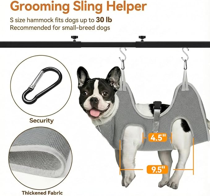 Dog Grooming Arm for Table, S Size, Adjustable 42" Height & 35"–44" Width, H-Shape Stable Grooming Stand, Clamp Fits up to 2.76", with Hammock & 2 Nooses for Home Grooming & Nail Trimming