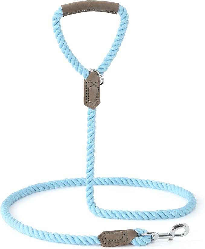 Mile High Life Dog Leash, Braided Cotton Rope Leashes with Leather Handle - Heavy Duty Metal Clasp, 5FT, 1/2" Thick - Wedding, Walking & Training Leash for Small Medium Large Dogs (Sky Blue)