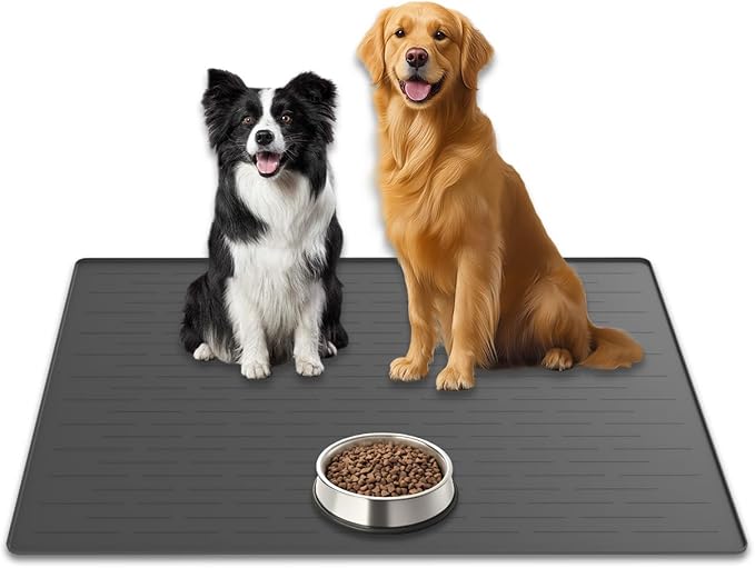 31.8"x23.8" Extra Large Pet Food Mat, Silicone Dog Mats for Food and Water, XL Nonslip Pet Feeding Mats for Floors,Dog Cat Bowl Mat with Raised Edges, Dark Gray
