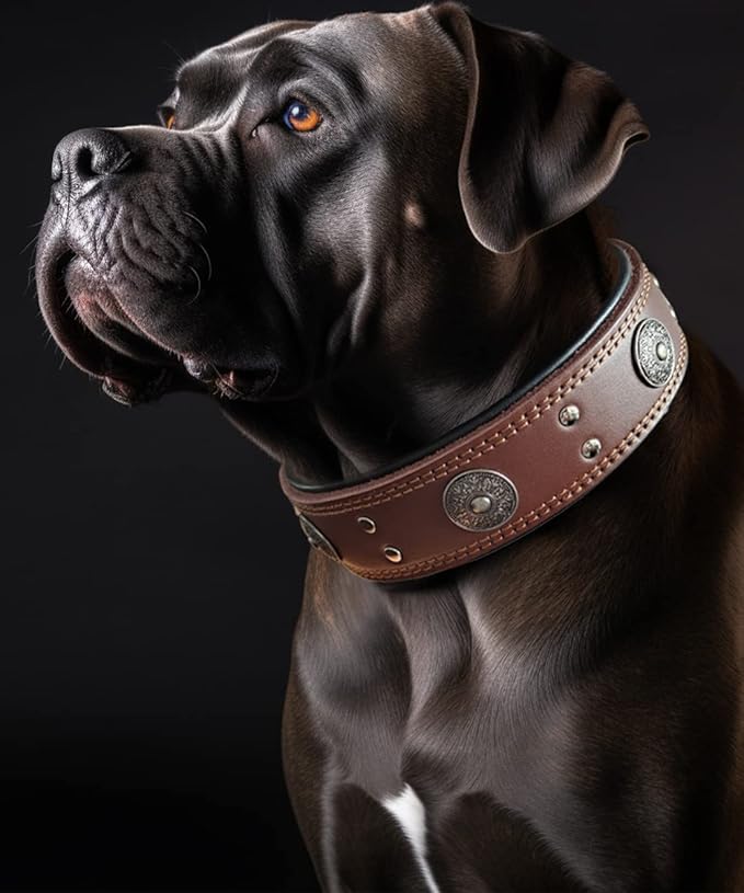 Leather Dog Collar, 2 inches Wide Heavy Duty Genuine Leather Collars, Handmade, Soft, and Luxury, Eye-catching Best Choice for Large and Medium Breed Dogs 15-19 ins