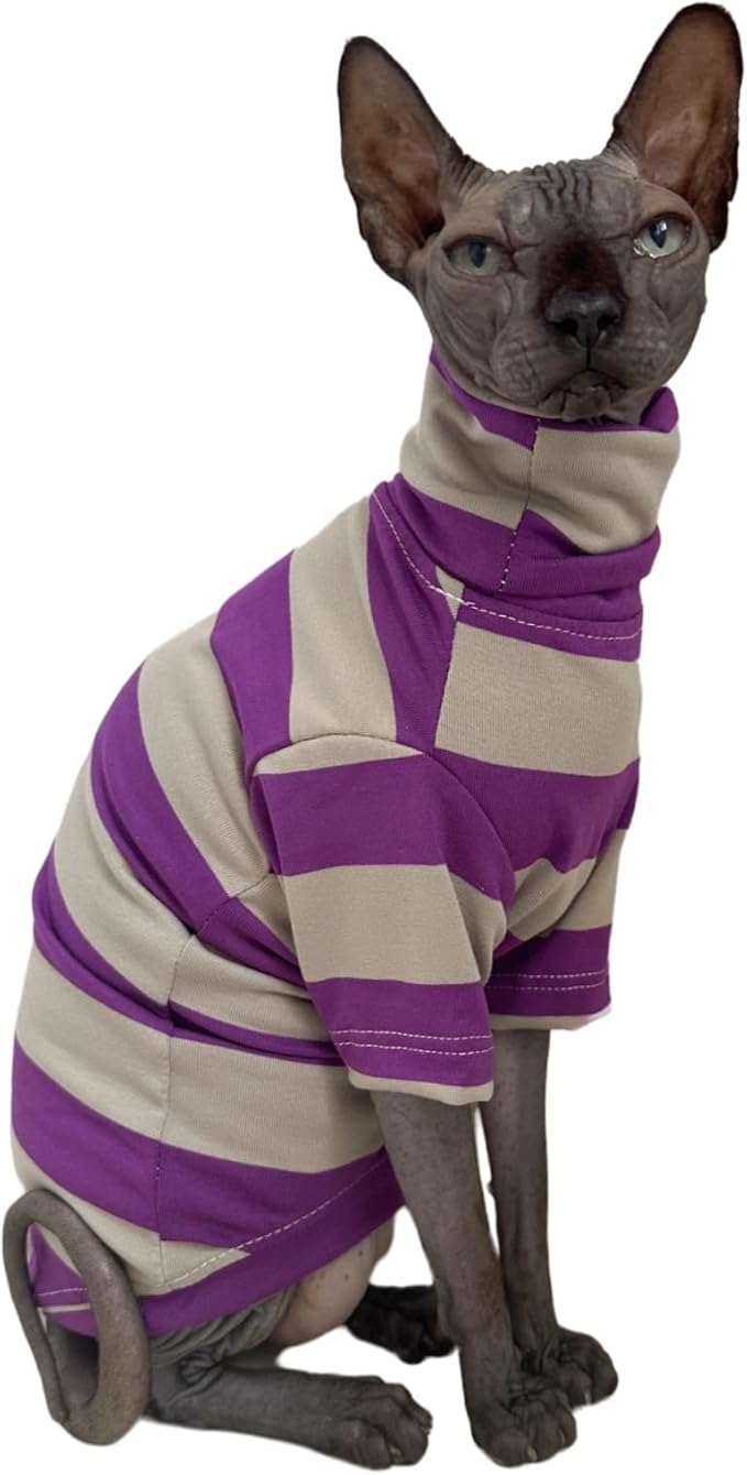 Vintage Stripes Sphynx Hairless Cats Shirt Cotton Cat Turtleneck Pet Clothes Kitten T-Shirts with Sleeves for Sphynx Cats (Wide Purple Grey Stripe, Large)