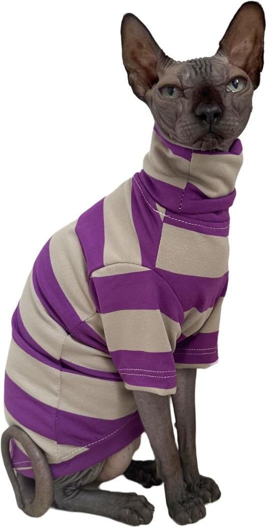 Vintage Stripes Sphynx Hairless Cats Shirt Cotton Cat Turtleneck Pet Clothes Kitten T-Shirts with Sleeves for Sphynx Cats (Wide Purple Grey Stripe, Large)