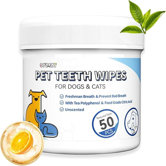No-Rinse Dog Teeth Cleaning Wipes - Cat & Dog Fresh Breath Pet Dental Finger Wipes, Dog Toothbrush Dental Wipes to Easy Remove Plaque & Tartar, Gently Cleans Discharge (XS-50PCS, Unscented)