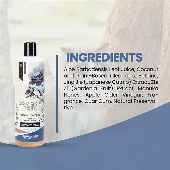Gou Gou Pets Holistic Natural Derived Allergy Pet Shampoo: Veterinarian Recommended: Soothing Skin Allergies and Skin Issues for Dogs, Cats and Horses - Made in USA - 16 oz