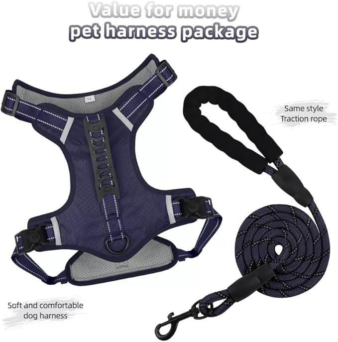 Dog Harness No Pull Adjustable Reflective,for Medium and Large Small Dog with Leash 59.06in (Dark Blue, L)