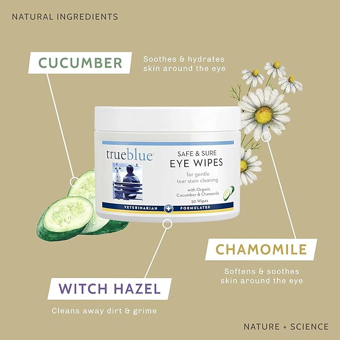 TrueBlue Cucumber & Chamomile Safe and Sure Dog Eye Wipes – Pre-Moistened Textured Pads for Tear Stain Eye Cleaning – Cleansing Eye Wipe for Dogs, Puppies – Non-Toxic, All-Natural – 50 Count