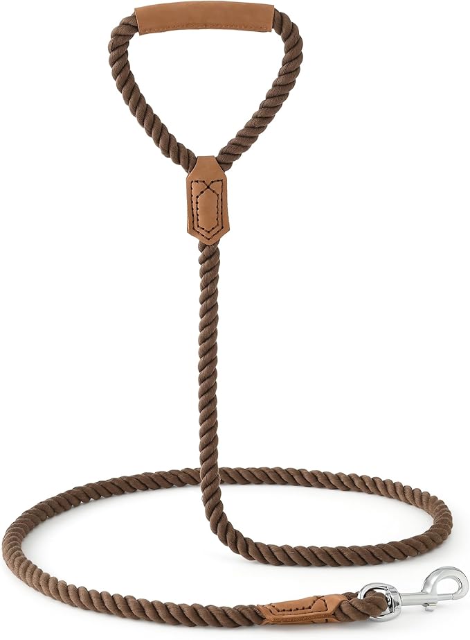 Mile High Life Dog Leash, Braided Cotton Rope Leashes with Leather Handle - Heavy Duty Metal Clasp, 5FT, 1/2" Thick - Wedding, Walking & Training Leash for Small Medium Large Dogs (Dark Brown)