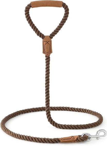 Mile High Life Dog Leash, Braided Cotton Rope Leashes with Leather Handle - Heavy Duty Metal Clasp, 6FT, 1/2" Thick - Wedding, Walking & Training Leash for Small Medium Large Dogs (Dark Brown)
