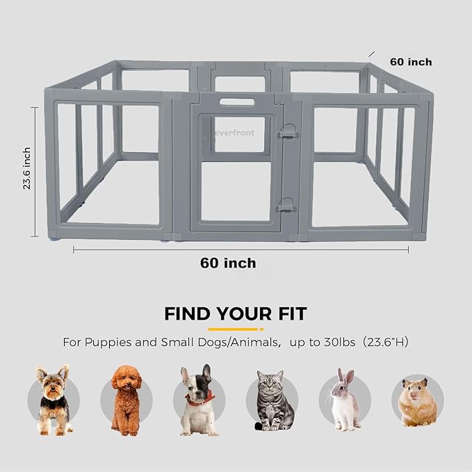 Everfront Clear Dog Play Pen - Easy Assemble Durable Plastic Acrylic Dog Playpen - Dog Playpen Indoor, Puppy Playpen, Cat Playpen, Small Animal Playpen, Dog Play Pen Indoors (Grey, 23.6" H, 12PCS)