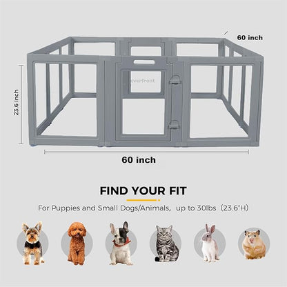 Everfront Clear Dog Play Pen - Easy Assemble Durable Plastic Acrylic Dog Playpen - Dog Playpen Indoor, Puppy Playpen, Cat Playpen, Small Animal Playpen, Dog Play Pen Indoors (Grey, 23.6" H, 12PCS)