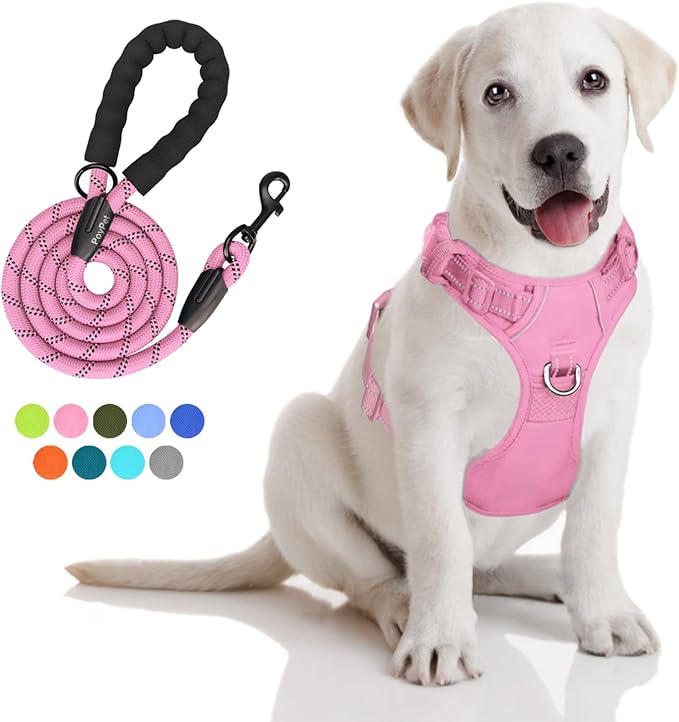 PoyPet No Pull Dog Harness and 5 Feet Leash Set, Release on Neck Reflective Adjustable Pet Vest, Front & Back 2 D-Ring and Soft Padded Pet Harness with Handle for Small to Large Dogs(Pink,M)