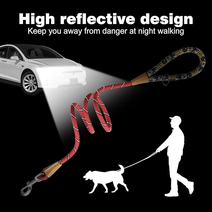 lynxking Rope Dog Leash 6 FT with Comfortable Padded Handle, Highly Reflective Threads Leash for Small Medium Large Dogs (Red, Small 3/8in x 6ft-Rope Clasp)