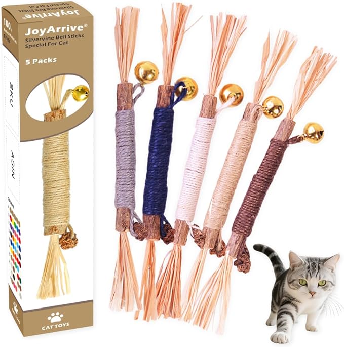 JoyArrive Natural Dried Matatabi Cat Chew Stick with Gall Fruit, Raffia Grass & Bell Cat Ball Toys, Handmade Silvervine Sticks Interactive Catnip Toys for Teething & Entertainment (Size M Color I)