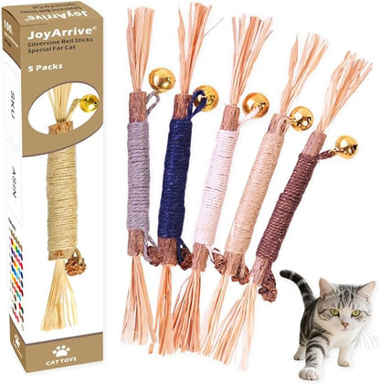 JoyArrive Natural Dried Matatabi Cat Chew Stick with Gall Fruit, Raffia Grass & Bell Cat Ball Toys, Handmade Silvervine Sticks Interactive Catnip Toys for Teething & Entertainment (Size M Color I)