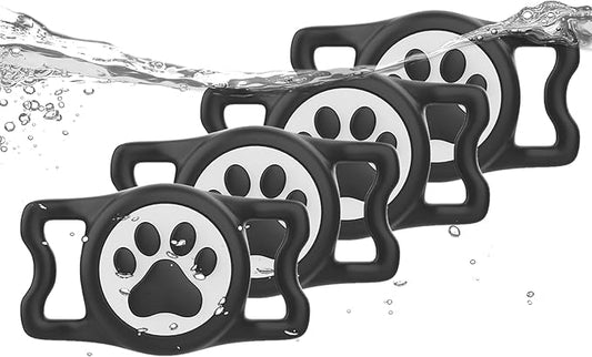 WhoseID IP68 Waterpoof Dog Airtag Holder, Stretchy Silicone Full Body Covered Apple Air Tag Holder for Dog Cat Collar Fit All Width Collar (4* Black, 4 Pack)