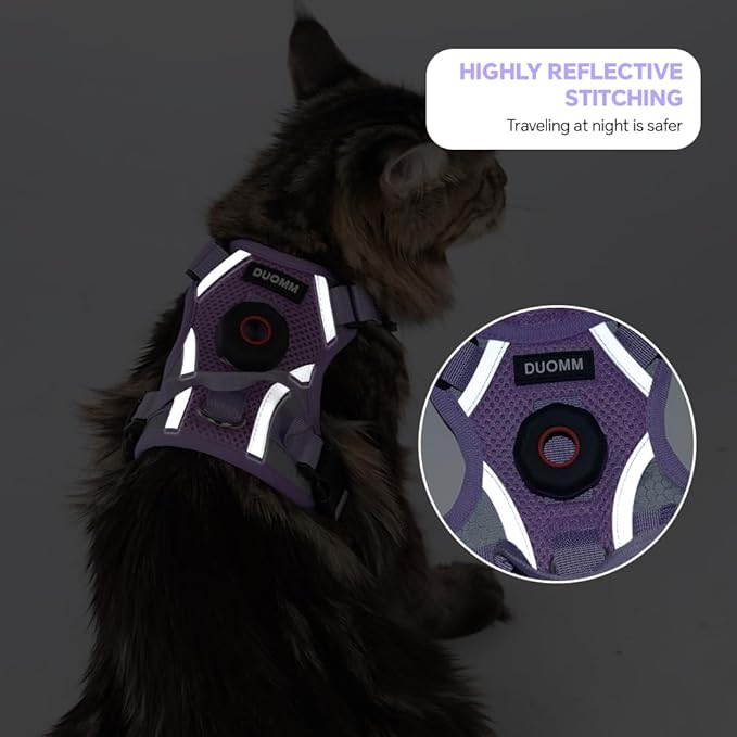 Cat Harness and Leash Set with AirTag Holder: Upgraded Escape Proof Vest with Lead for Small Dog Puppy Large Cat Walking，Soft Breathable Mesh Coat with Reflective Strip (Purple, XL)