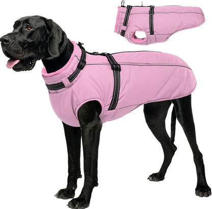 Lelepet Dog Coat for Large Dogs Waterproof Dog Jacket with Harness Built in Reflective Fleece Jacket with Zip Windproof Cold Weather Coats for Dogs Cozy Thermal Pet Snowsuit, Weimaraner, Pink, XXL
