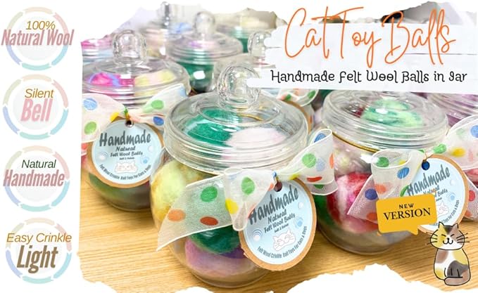BALLMIE Felt Wool Cat Toys Ball with Catnip and Bell, Natural Handmade cat Toys Ferret Toys cat Gift Basket (Felt Wool Mixed in Jar)