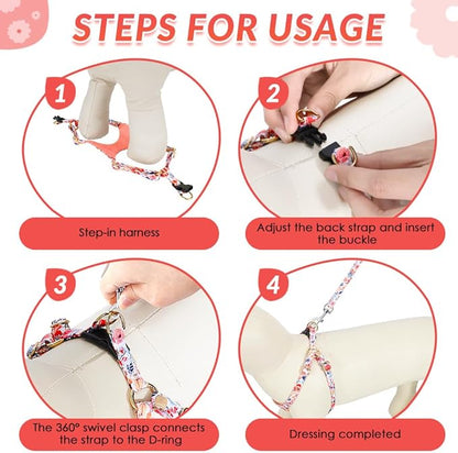 SlowTon No Pull Dog Harness with Leash - Soft Lightweight Floral Pattern Puppy Harness, Adjustable Pet Harness for Small Medium Dogs (Flower S)