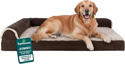 FurHaven Orthopedic Dog Bed for Large Dogs, L-Shaped Chaise Mattress with Orthopedic Egg Crate with a Solid Orthopedic Foam Base for Joint Support, Washable Cover, Jumbo XL, Faux Fur & Suede, Espresso