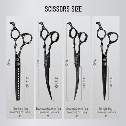 Purple Dragon Dog Grooming Scissors Set - Chunkers, Straight, Up & Down Curved Scissors and Comb, 7 Inch Black Shears with Adjustable Screw for Dogs and Cats