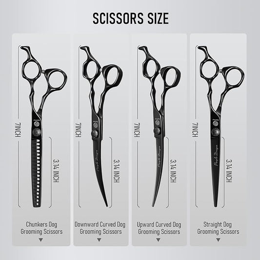 Purple Dragon Dog Grooming Scissors Set - Chunkers, Straight, Up & Down Curved Scissors and Comb, 7 Inch Black Shears with Adjustable Screw for Dogs and Cats