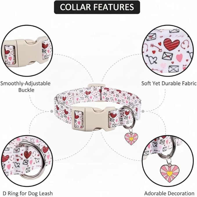 Valentine Dog Collar, Dog Collar Soft Valentine's Day Heart Design for Large Dogs, Durable Soft Fabric Pet Collar, L