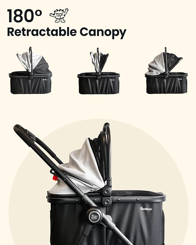 Pawccoli Pet Stroller for Small Dogs and Cats, One-Click Foldable Dog Stroller with Detachable Carrier & 3 Safety Tethers, Holds up to 33 lbs, Storage Basket & Cup Holder, Breathable Mesh, Black