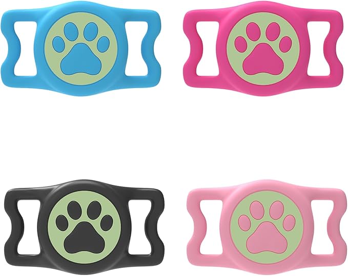 WhoseID IP68 Waterpoof Dog tag Holder, Stretchy Silicone Full Body Covered Apple Tag Holder for Dog Cat Collar Fit All Width Collar Luminous(L-Black/L-Blue/L-Pink/L-Rose, 4 Pack)