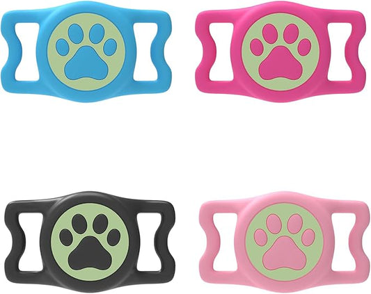 WhoseID IP68 Waterpoof Dog tag Holder, Stretchy Silicone Full Body Covered Apple Tag Holder for Dog Cat Collar Fit All Width Collar Luminous(L-Black/L-Blue/L-Pink/L-Rose, 4 Pack)
