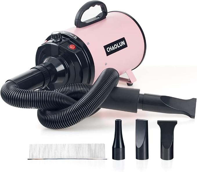 Dog Dryer for Pet Grooming, High Velocity Pet Hair Dryer with Heater, Adjustable Speed, 3 Nozzles and a Comb, Pink
