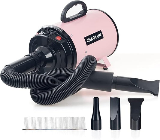 Dog Dryer for Pet Grooming, High Velocity Pet Hair Dryer with Heater, Adjustable Speed, 3 Nozzles and a Comb, Pink